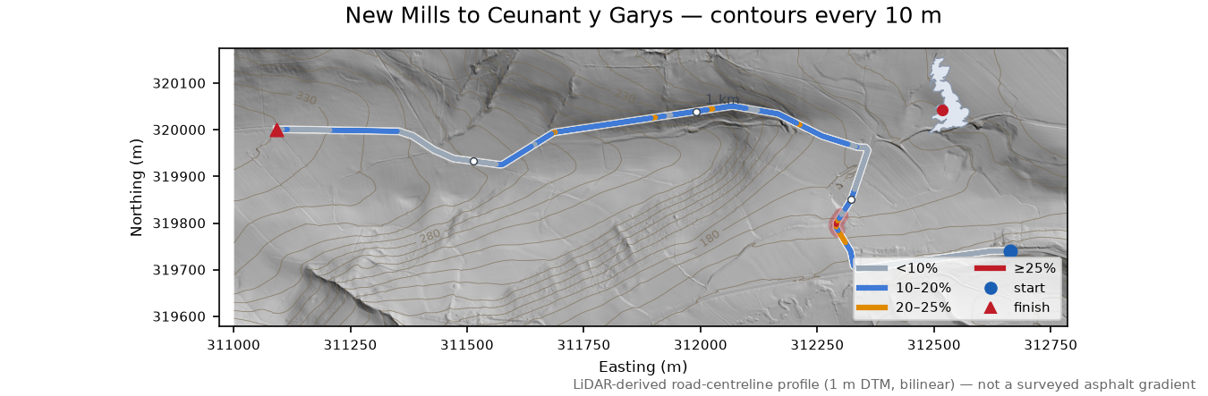 New Mills to Ceunant y Garys LiDAR hillshade map with contours