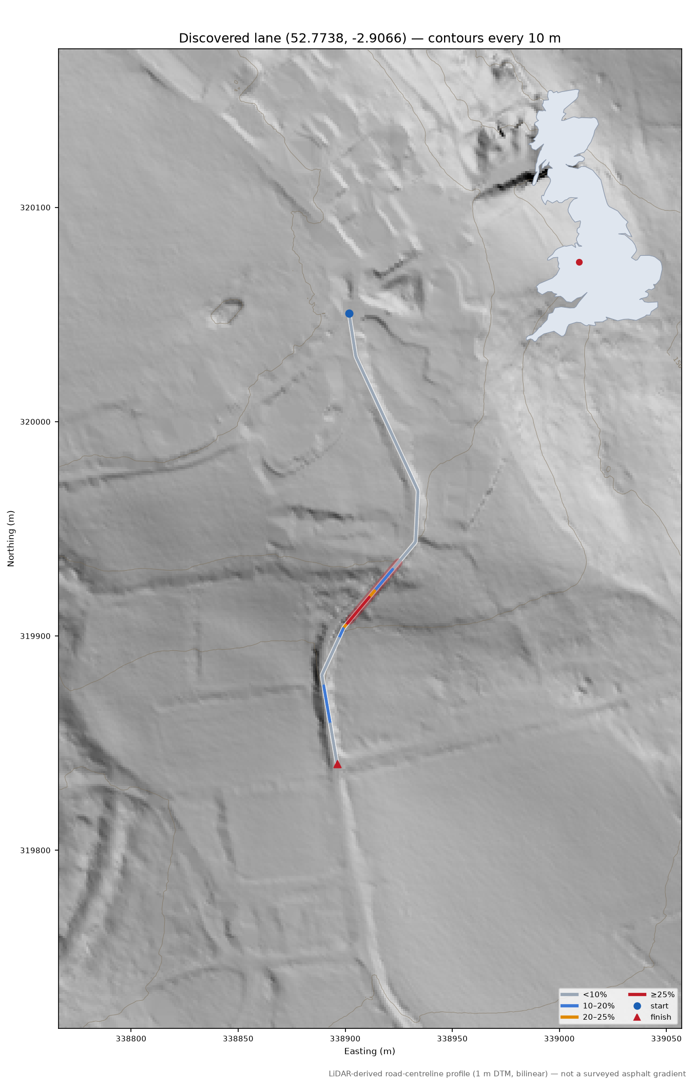 Discovered lane (52.7738, -2.9066) LiDAR hillshade map with contours