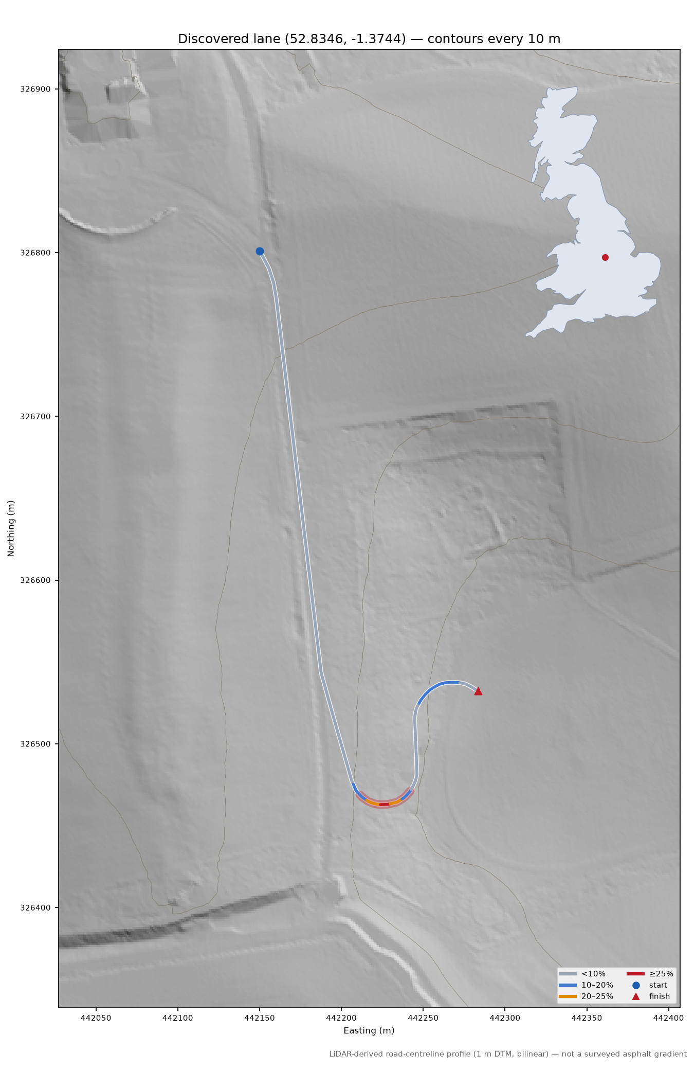 Discovered lane (52.8346, -1.3744) LiDAR hillshade map with contours