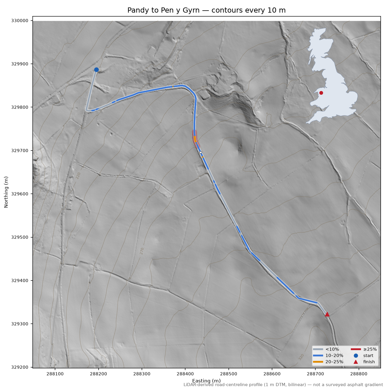 Pandy to Pen y Gyrn LiDAR hillshade map with contours