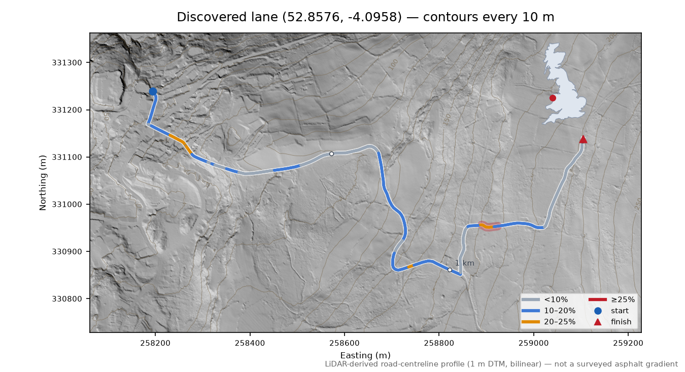Discovered lane (52.8576, -4.0958) LiDAR hillshade map with contours