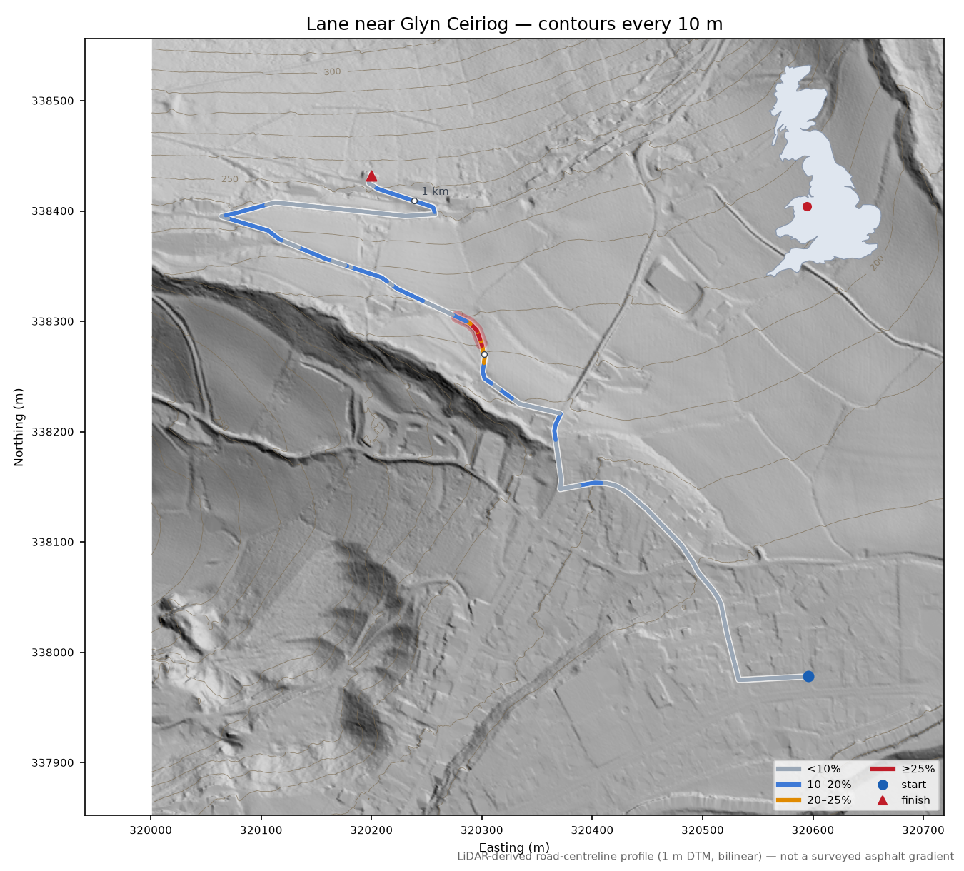 Lane near Glyn Ceiriog LiDAR hillshade map with contours