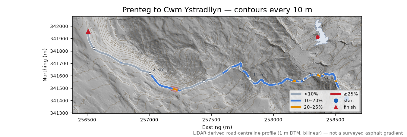 Prenteg to Cwm Ystradllyn LiDAR hillshade map with contours