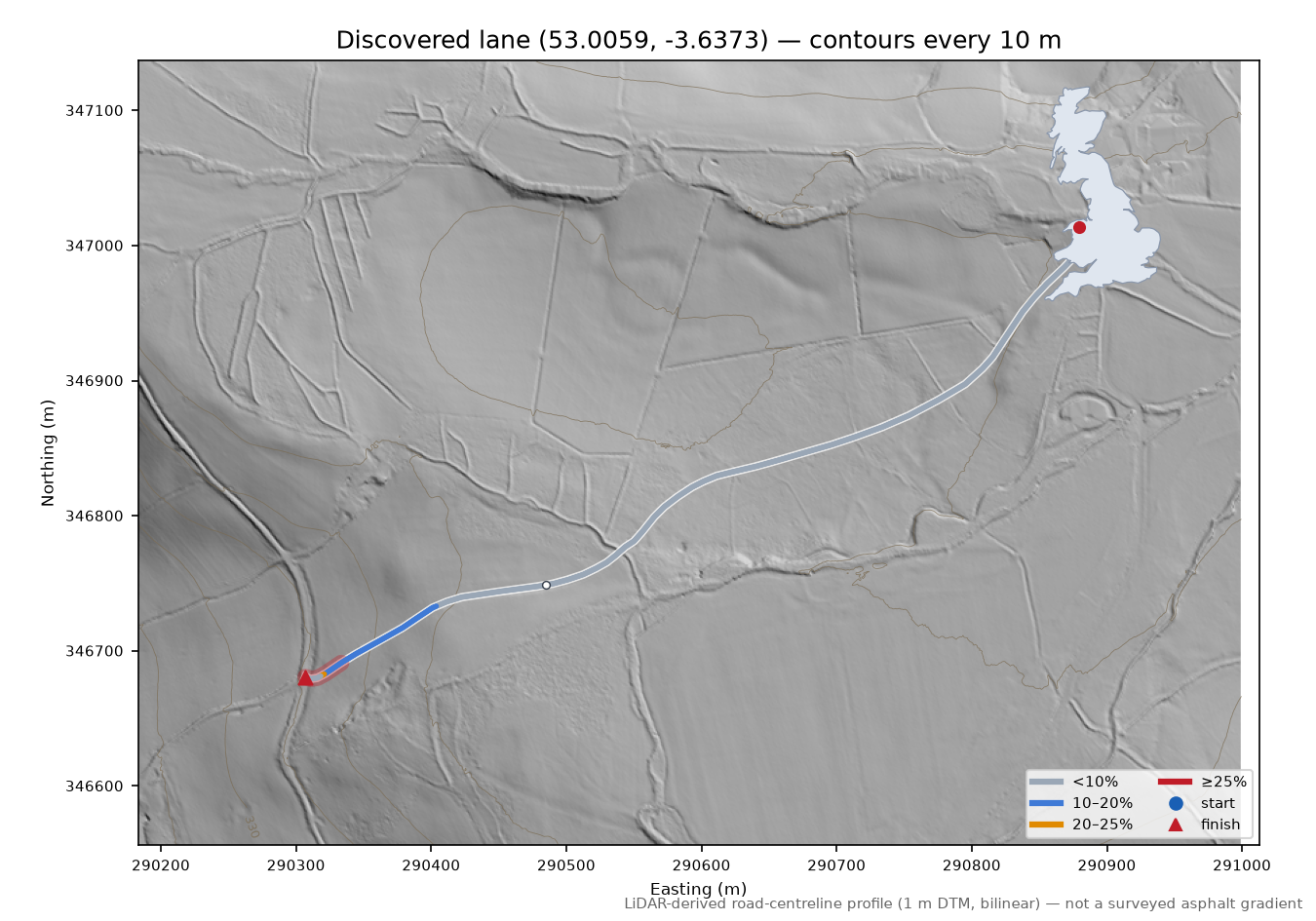 Discovered lane (53.0059, -3.6373) LiDAR hillshade map with contours