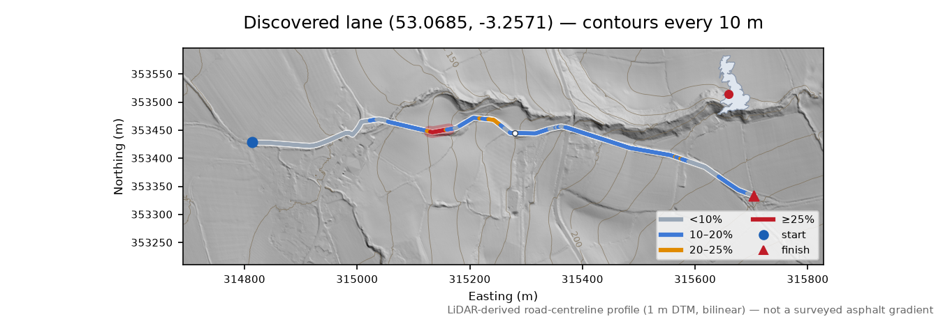 Discovered lane (53.0685, -3.2571) LiDAR hillshade map with contours