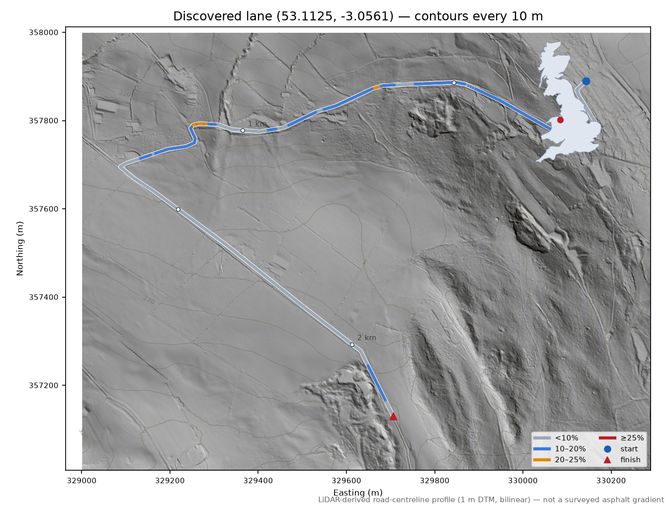 Discovered lane (53.1125, -3.0561) LiDAR hillshade map with contours