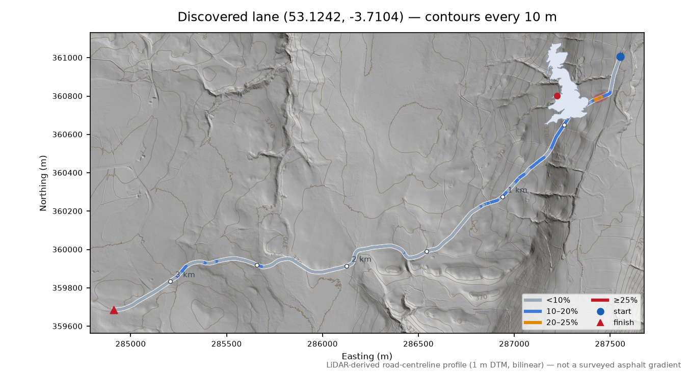 Discovered lane (53.1242, -3.7104) LiDAR hillshade map with contours