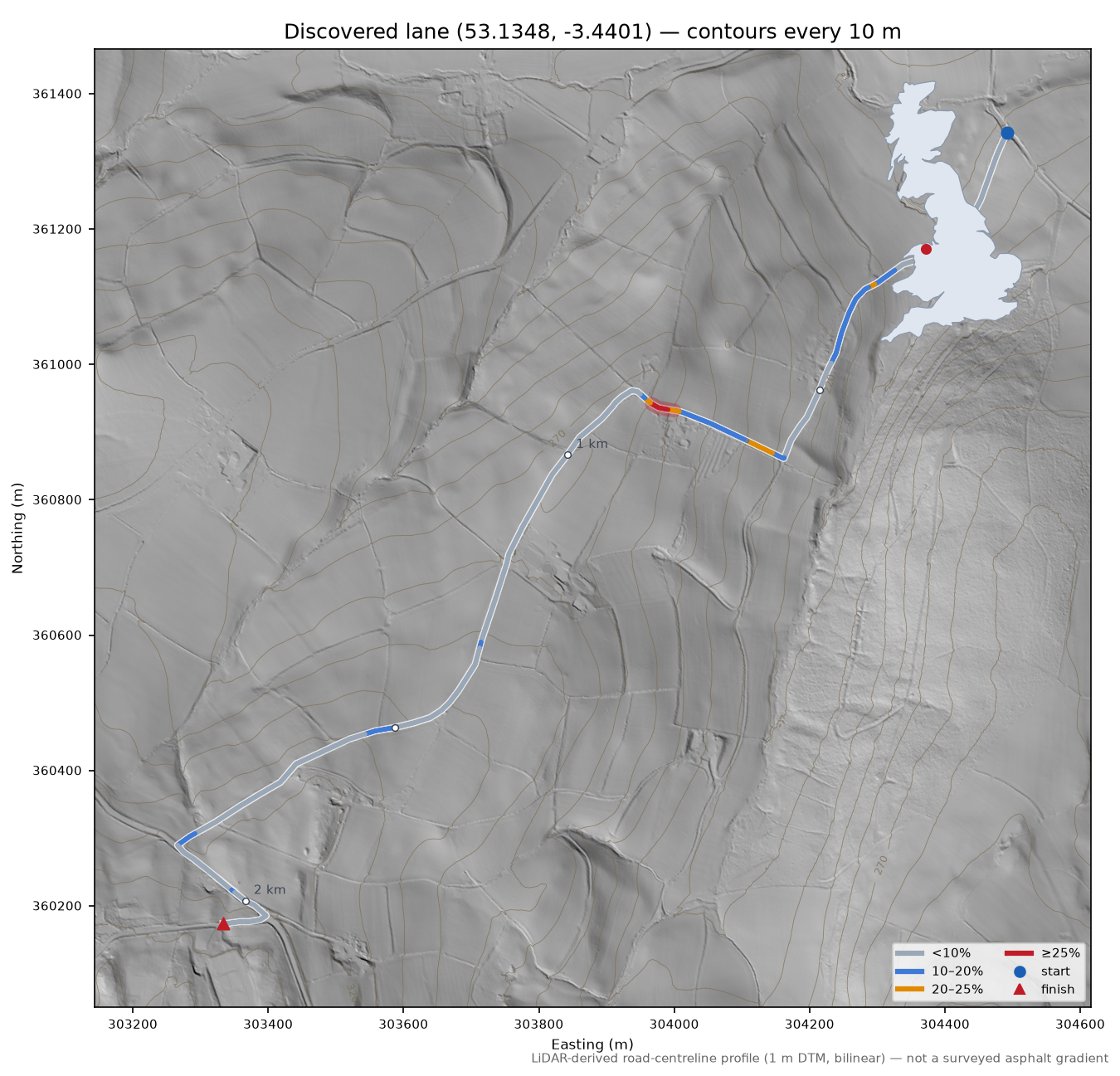Discovered lane (53.1348, -3.4401) LiDAR hillshade map with contours
