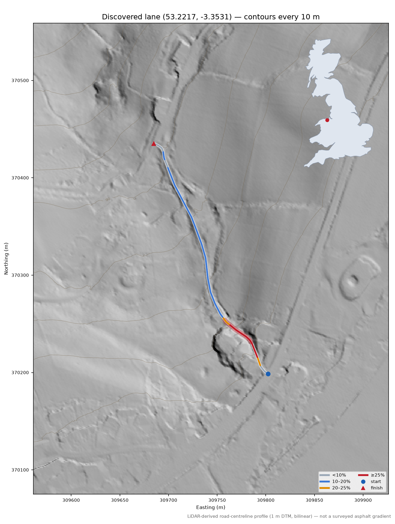 Discovered lane (53.2217, -3.3531) LiDAR hillshade map with contours