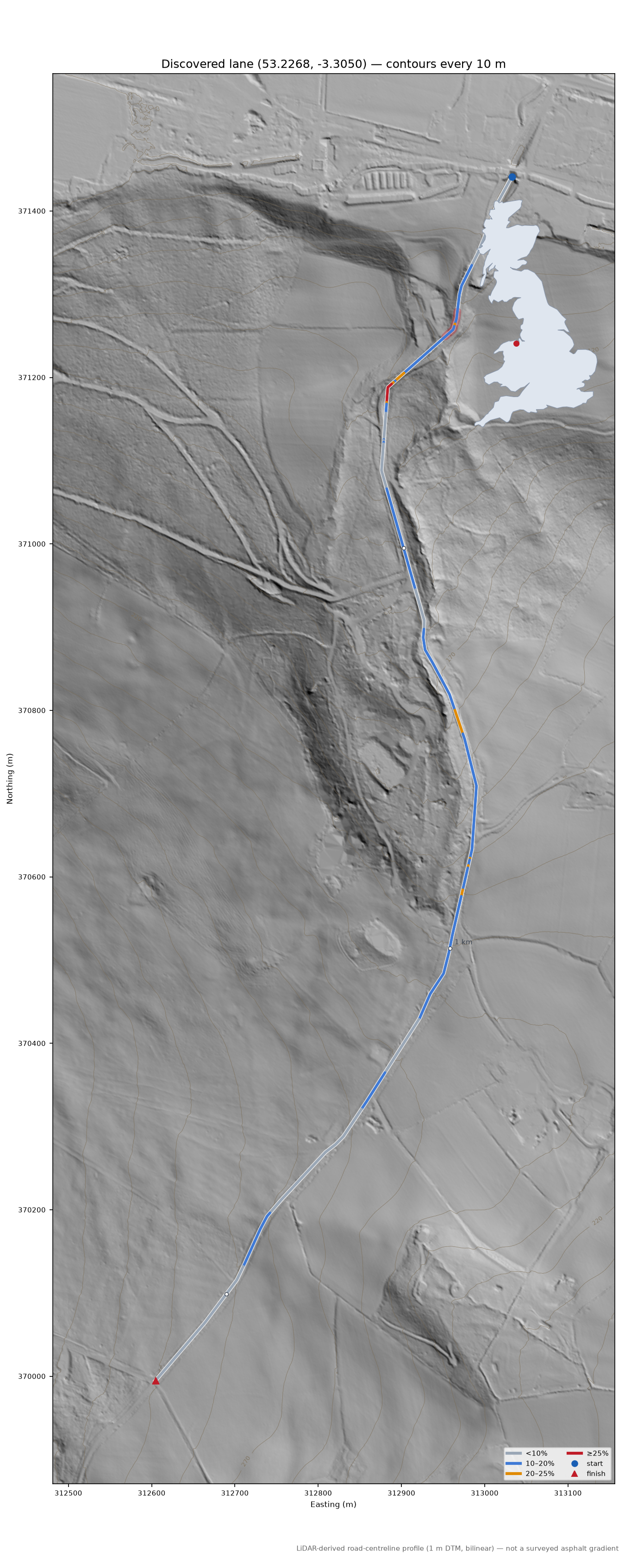 Discovered lane (53.2268, -3.3050) LiDAR hillshade map with contours