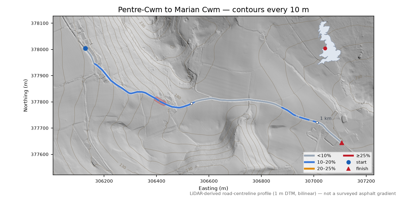 Pentre-Cwm to Marian Cwm LiDAR hillshade map with contours