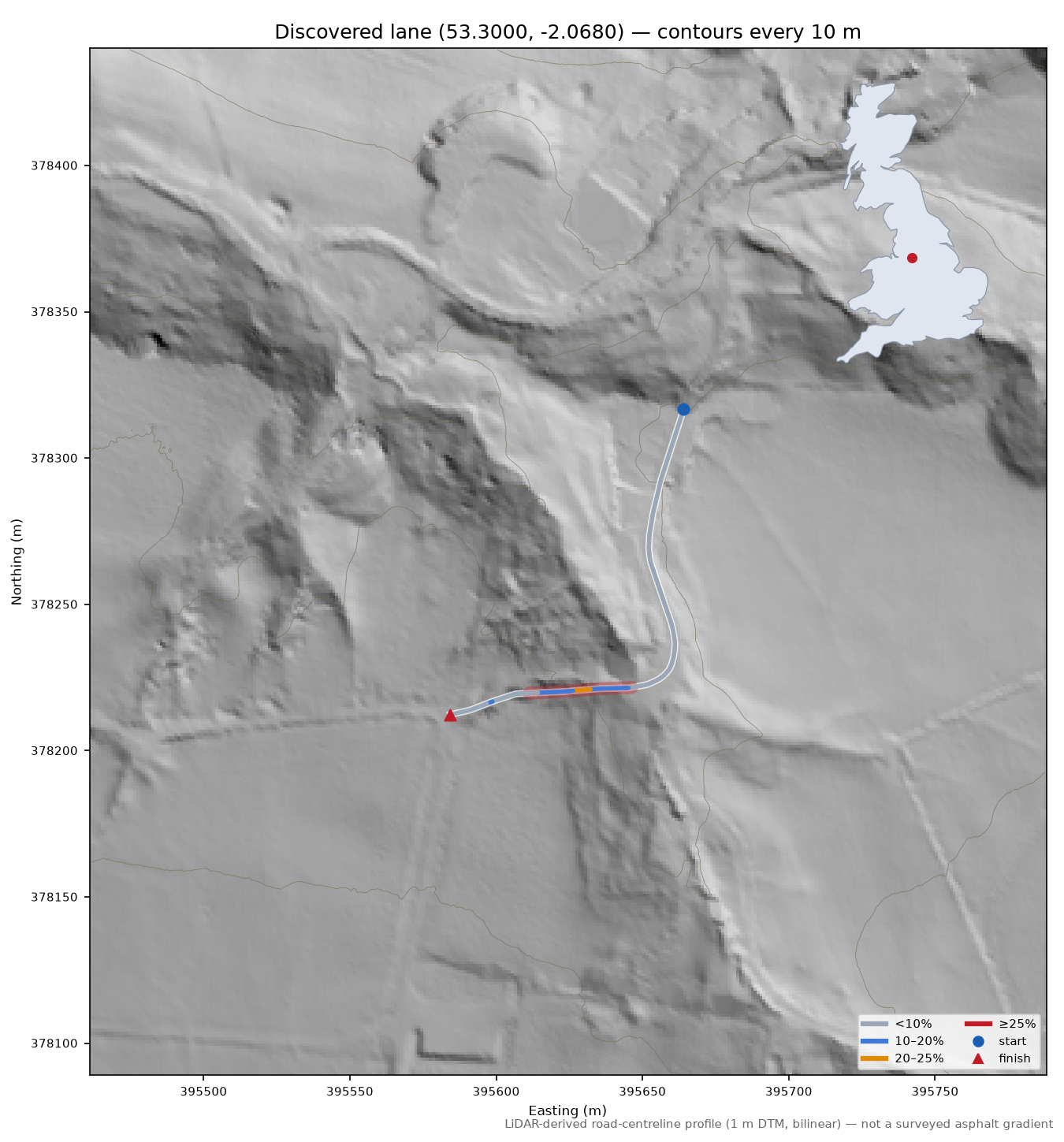 Discovered lane (53.3000, -2.0680) LiDAR hillshade map with contours