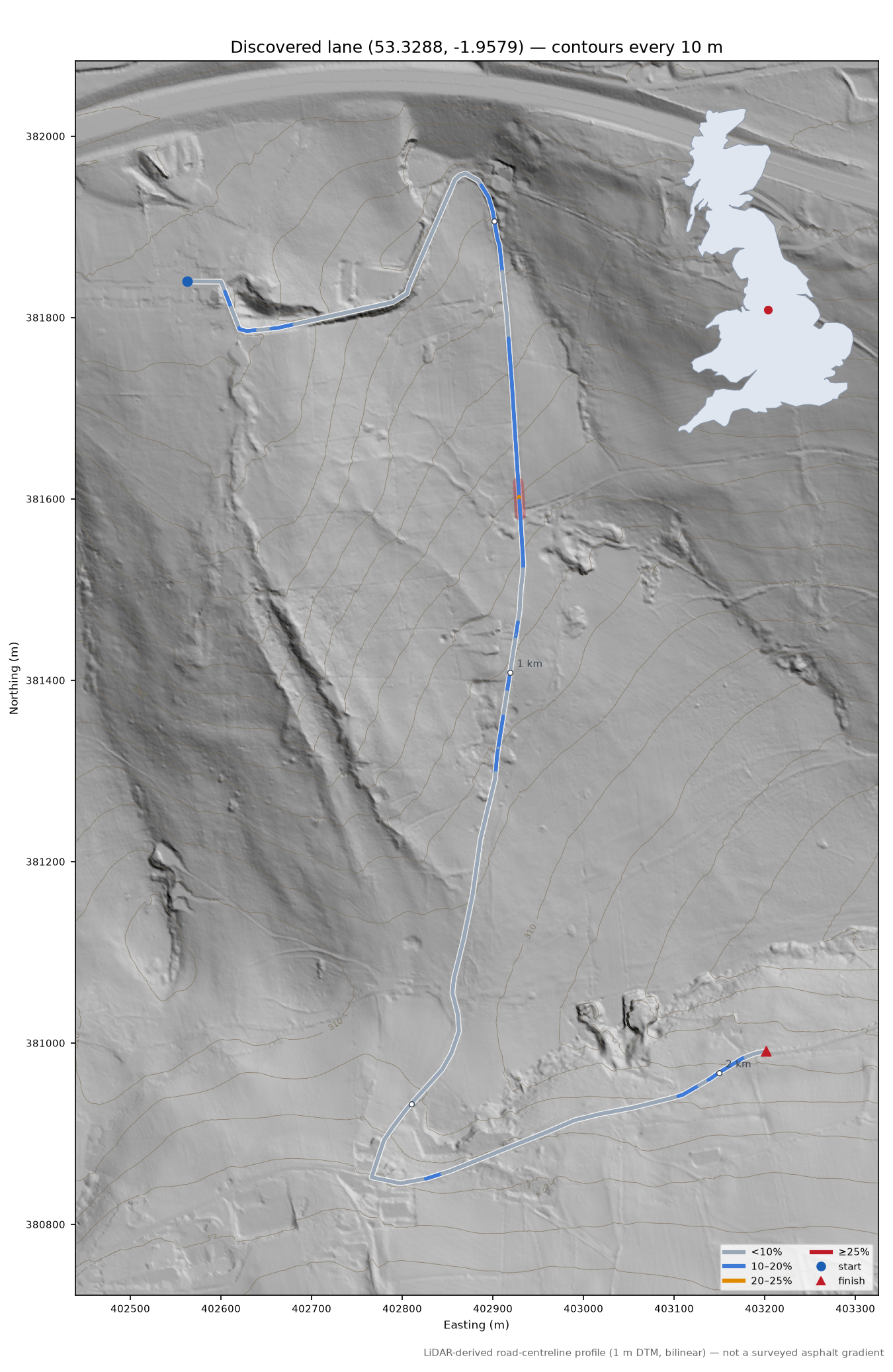 Discovered lane (53.3288, -1.9579) LiDAR hillshade map with contours