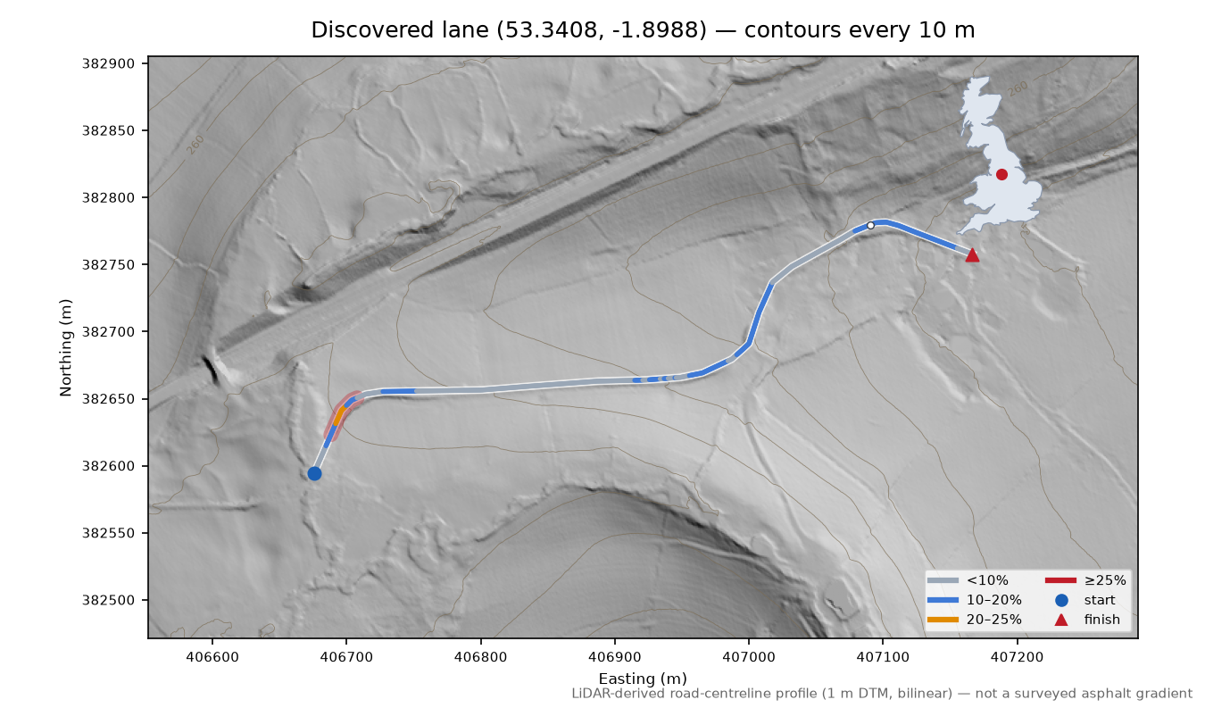 Discovered lane (53.3408, -1.8988) LiDAR hillshade map with contours