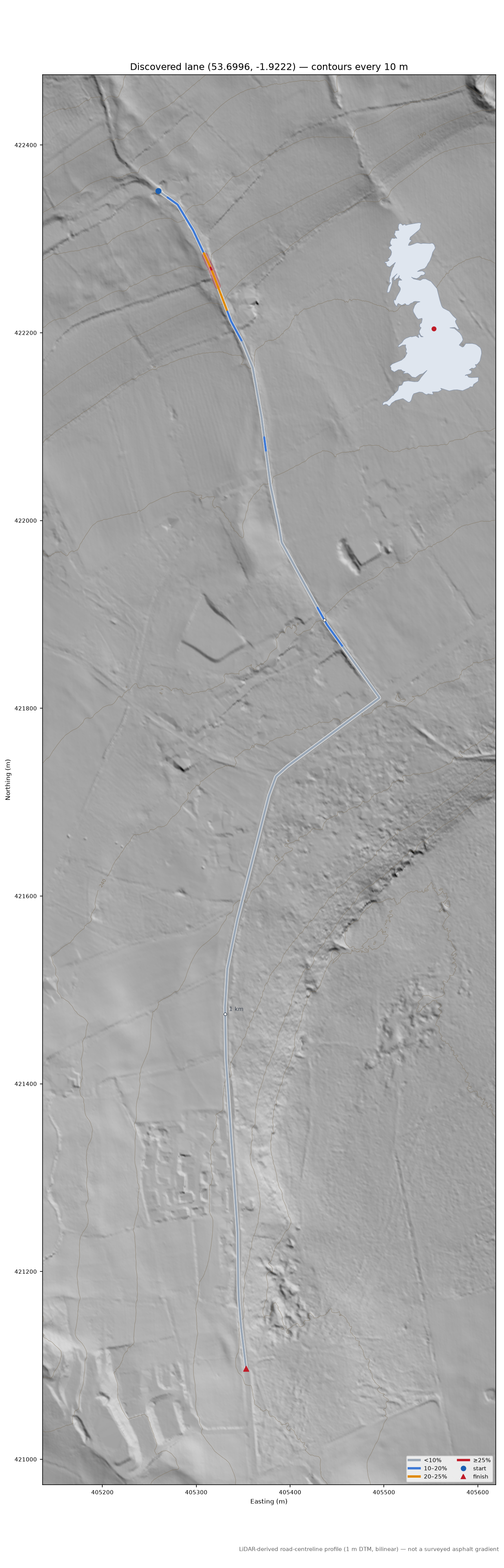 Discovered lane (53.6996, -1.9222) LiDAR hillshade map with contours