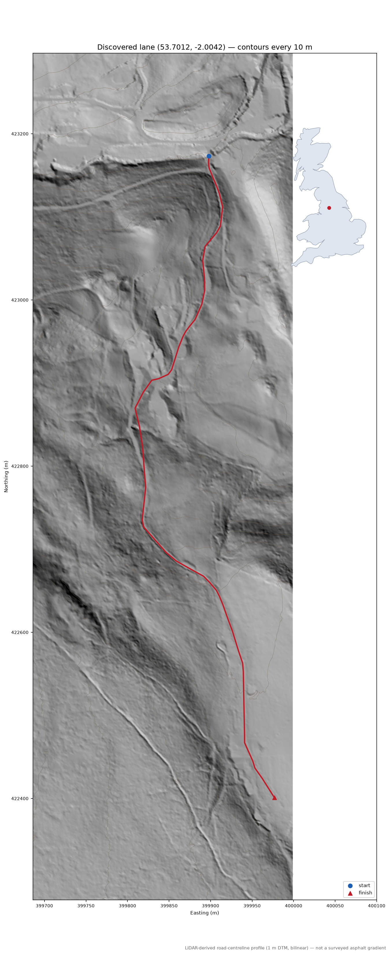 Discovered lane (53.7012, -2.0042) LiDAR hillshade map with contours