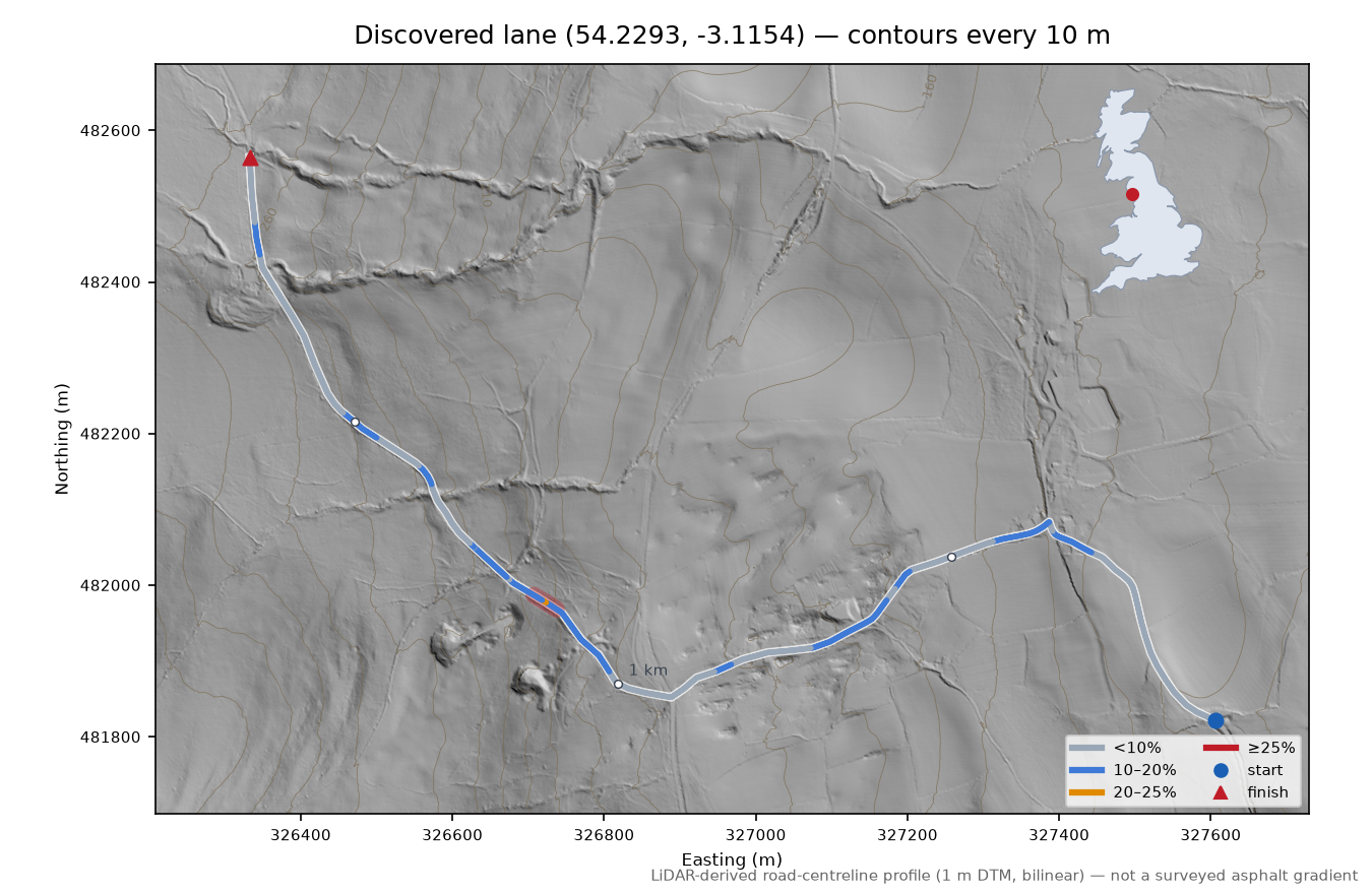 Discovered lane (54.2293, -3.1154) LiDAR hillshade map with contours