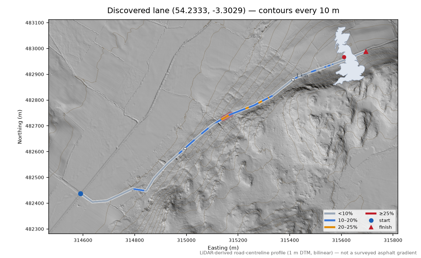 Discovered lane (54.2333, -3.3029) LiDAR hillshade map with contours