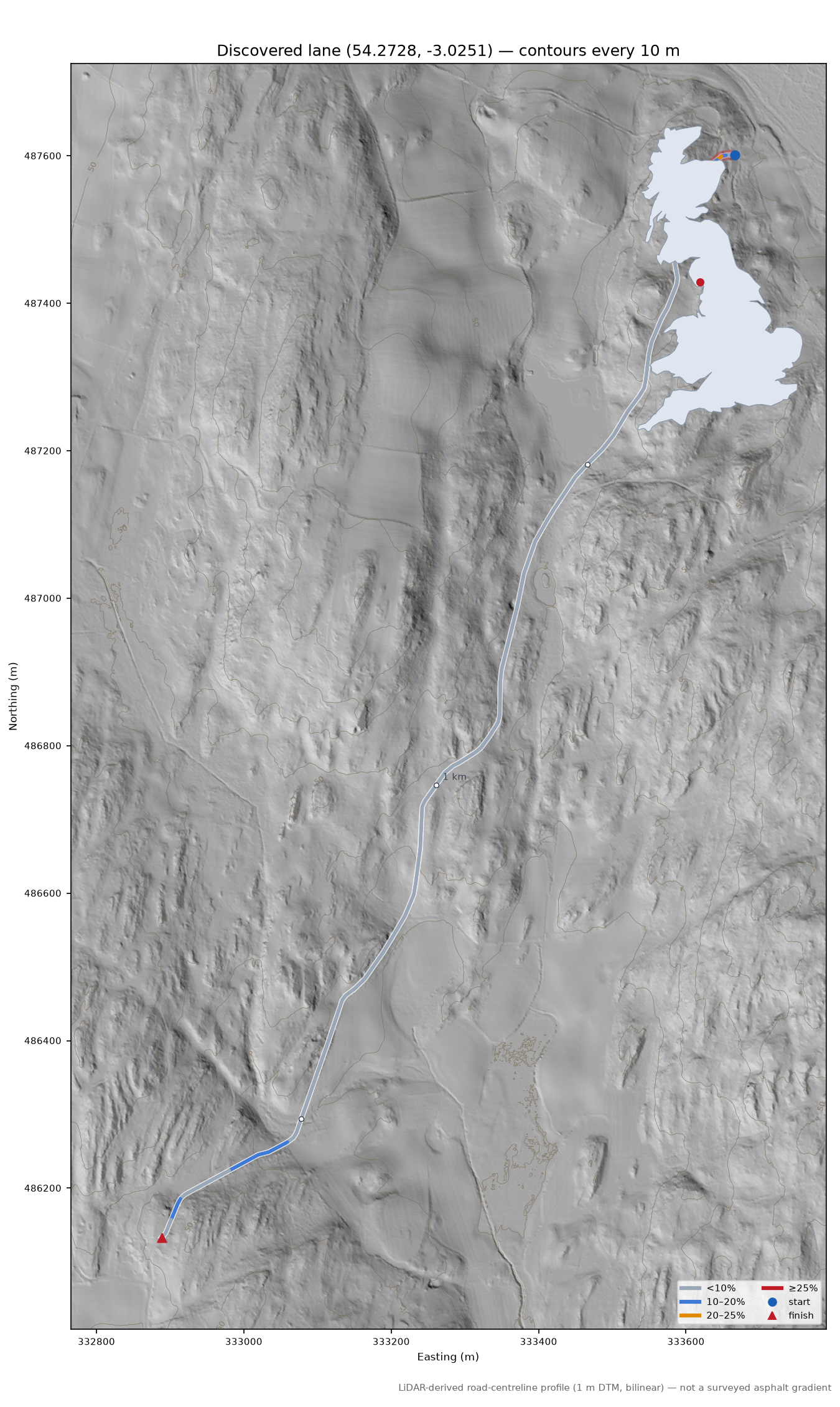 Discovered lane (54.2728, -3.0251) LiDAR hillshade map with contours