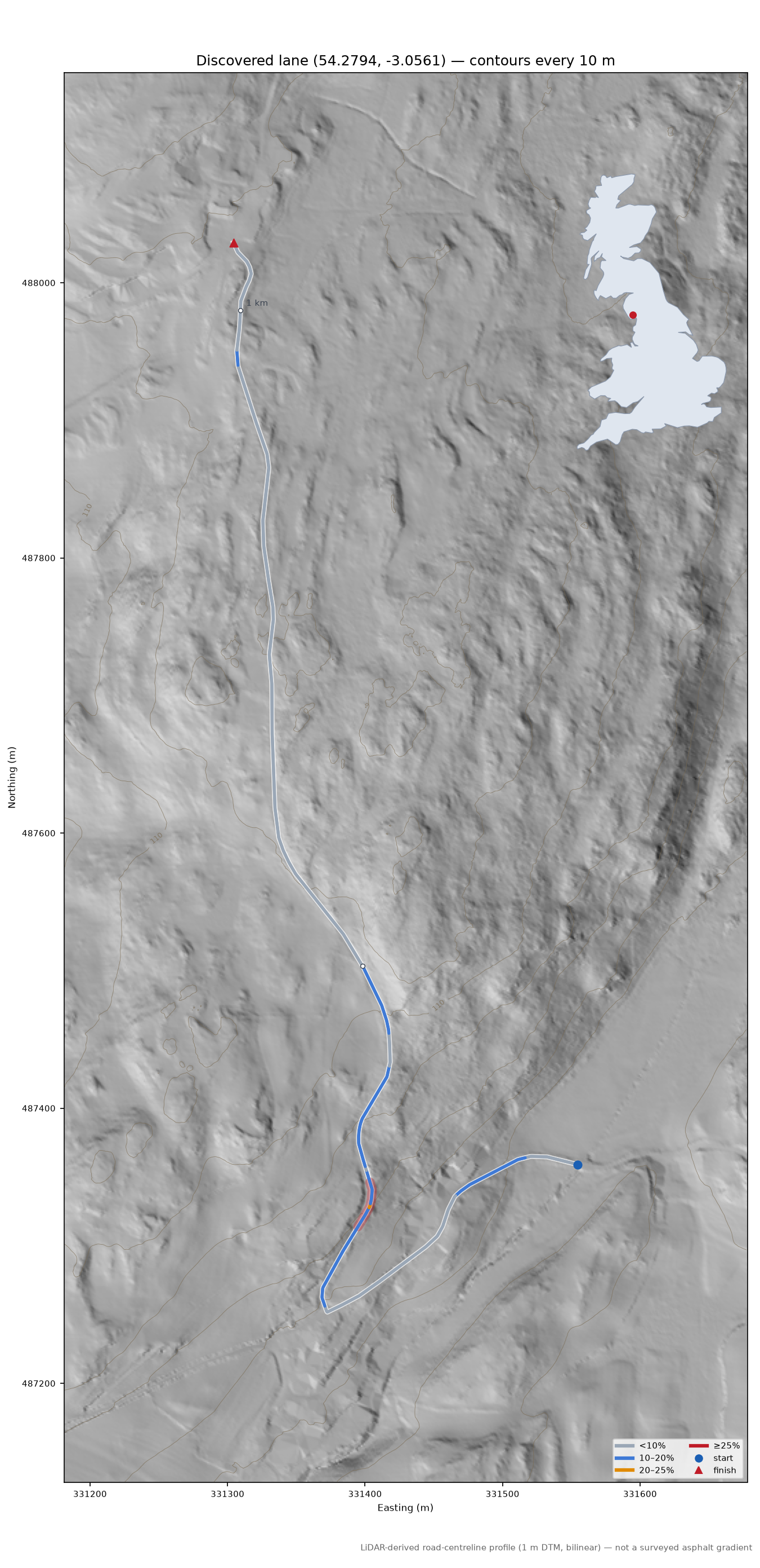 Discovered lane (54.2794, -3.0561) LiDAR hillshade map with contours