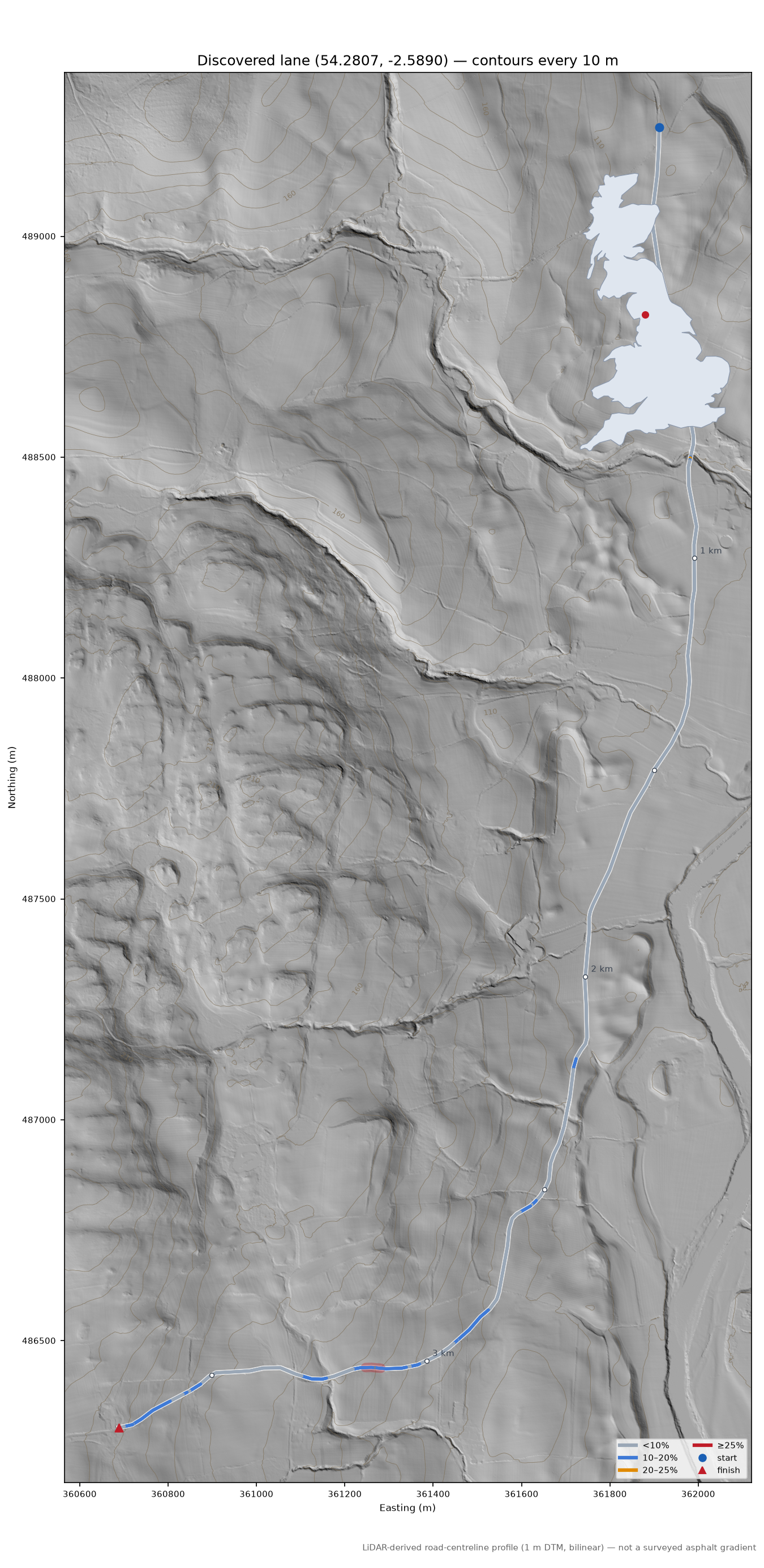 Discovered lane (54.2807, -2.5890) LiDAR hillshade map with contours