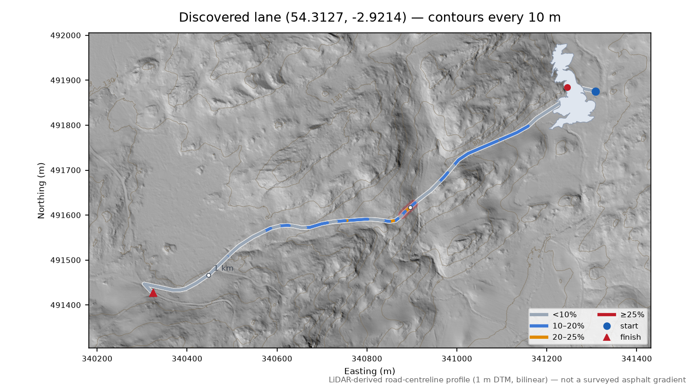 Discovered lane (54.3127, -2.9214) LiDAR hillshade map with contours