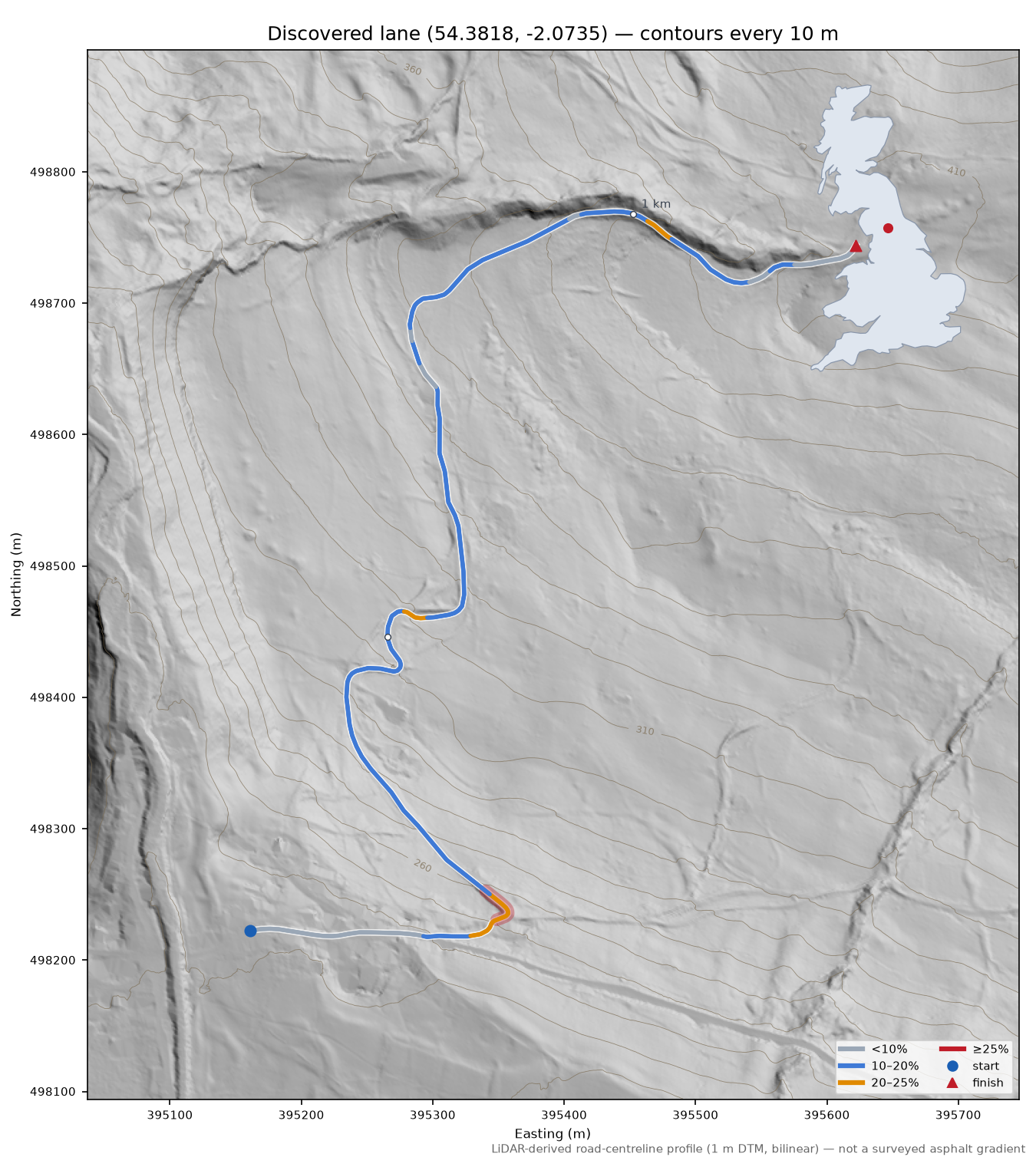 Discovered lane (54.3818, -2.0735) LiDAR hillshade map with contours