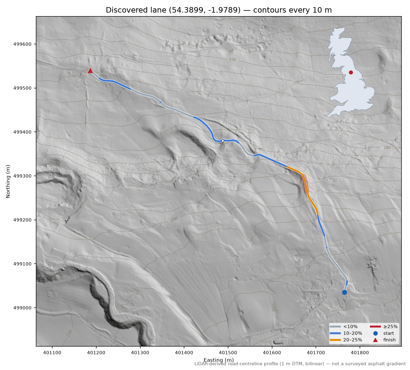 Discovered lane (54.3899, -1.9789) LiDAR hillshade map with contours