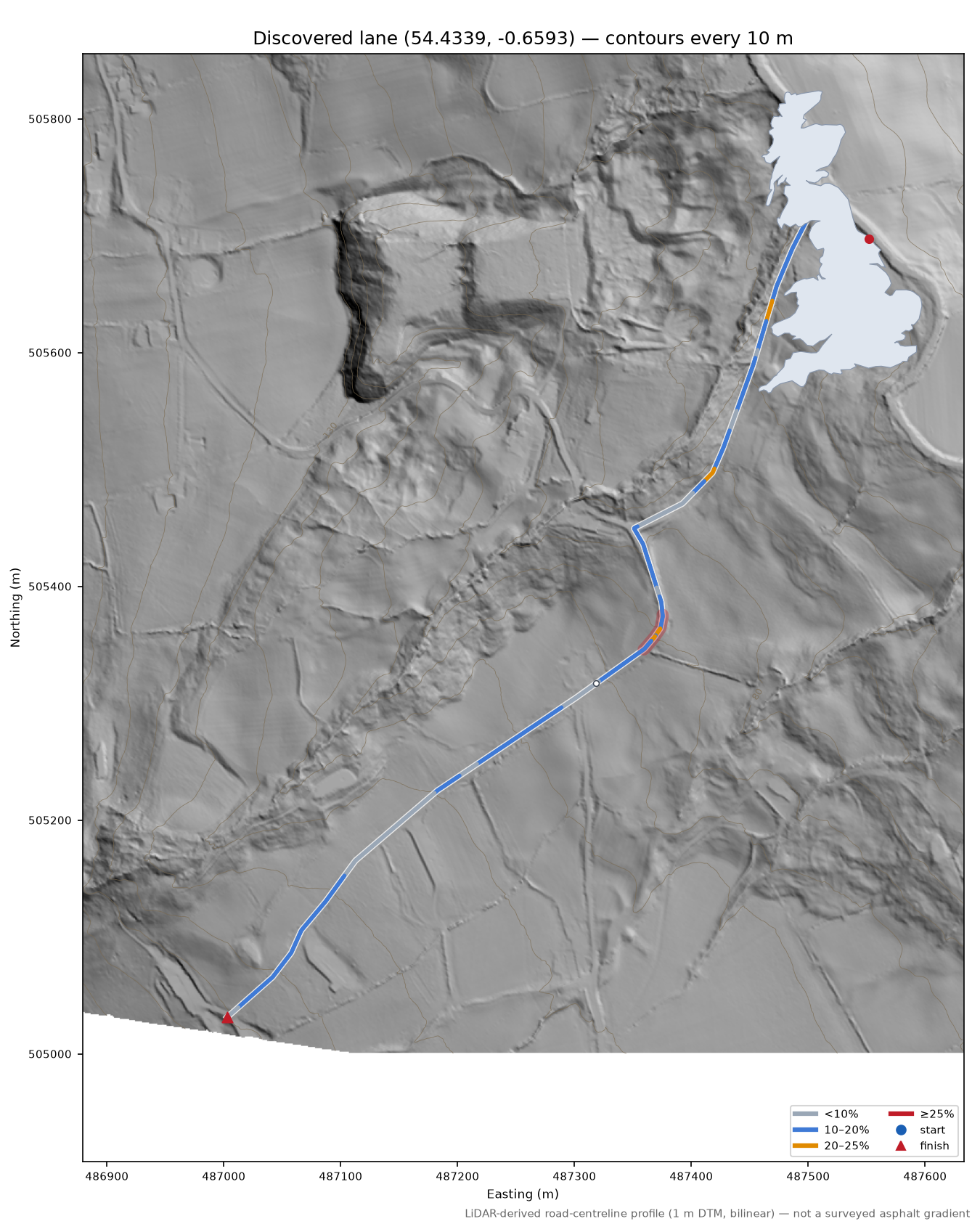 Discovered lane (54.4339, -0.6593) LiDAR hillshade map with contours