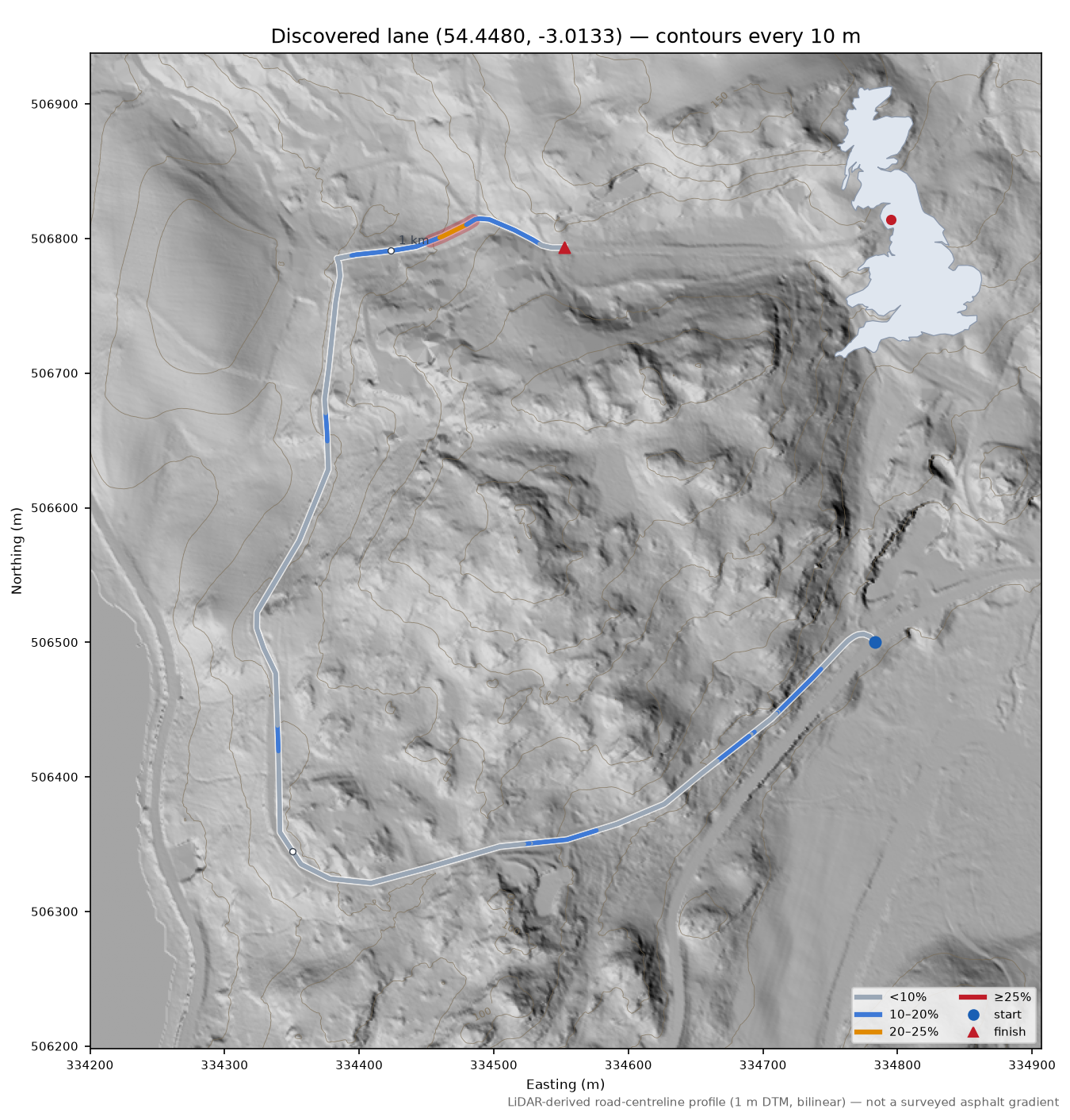 Discovered lane (54.4480, -3.0133) LiDAR hillshade map with contours