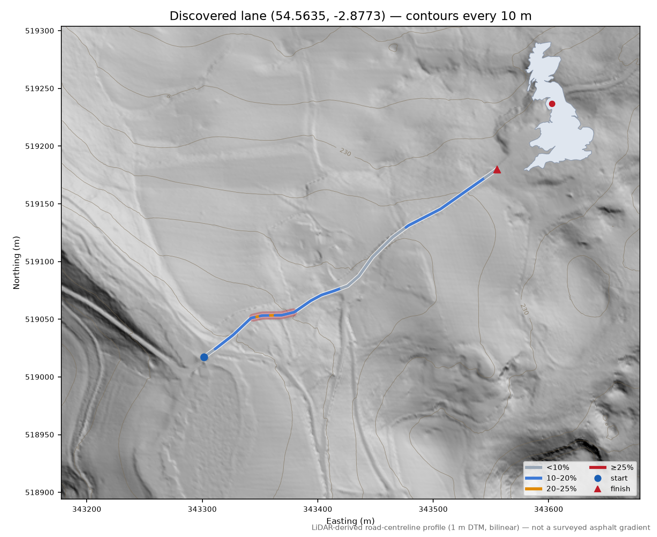 Discovered lane (54.5635, -2.8773) LiDAR hillshade map with contours