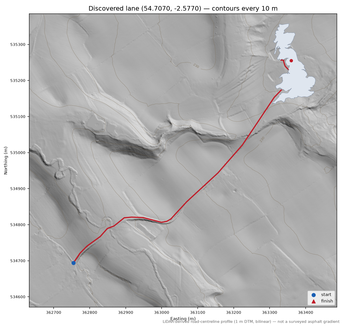Discovered lane (54.7070, -2.5770) LiDAR hillshade map with contours
