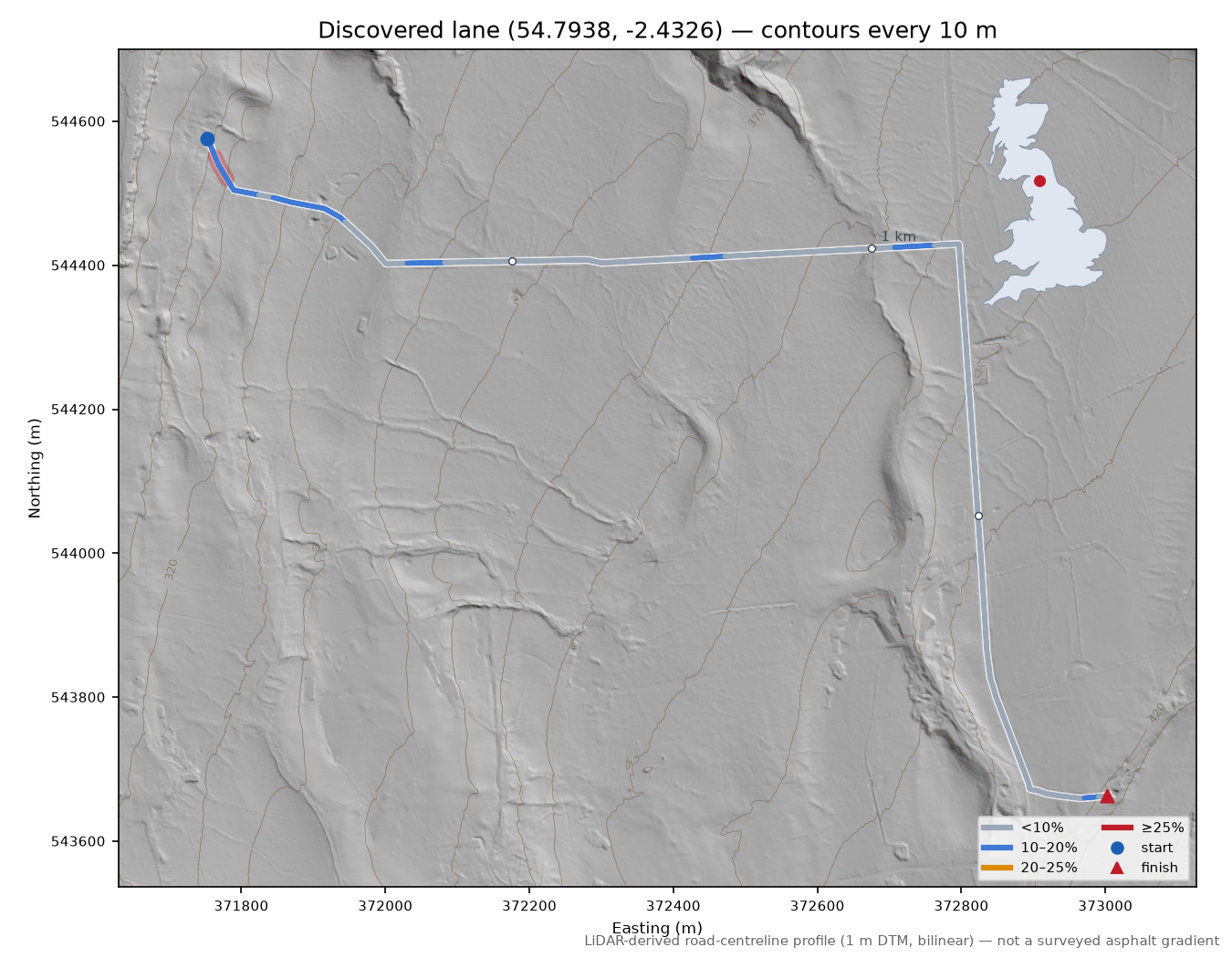 Discovered lane (54.7938, -2.4326) LiDAR hillshade map with contours