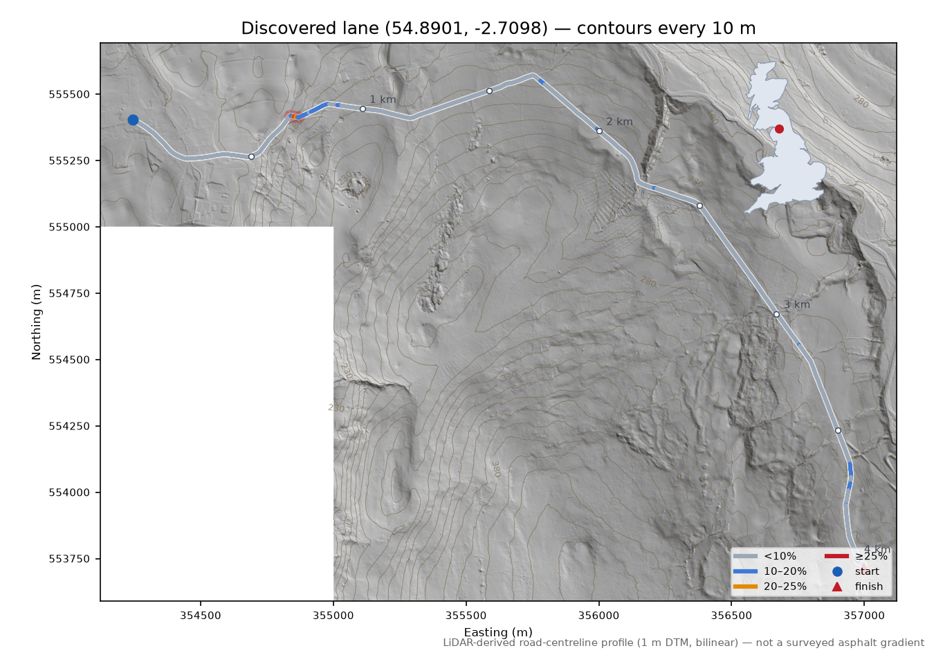 Discovered lane (54.8901, -2.7098) LiDAR hillshade map with contours
