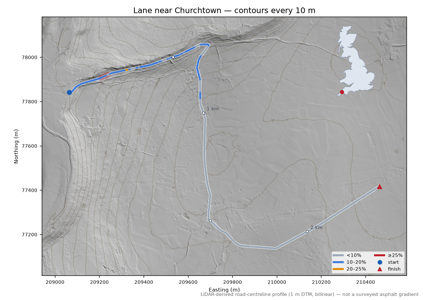 Lane near Churchtown LiDAR hillshade map with contours