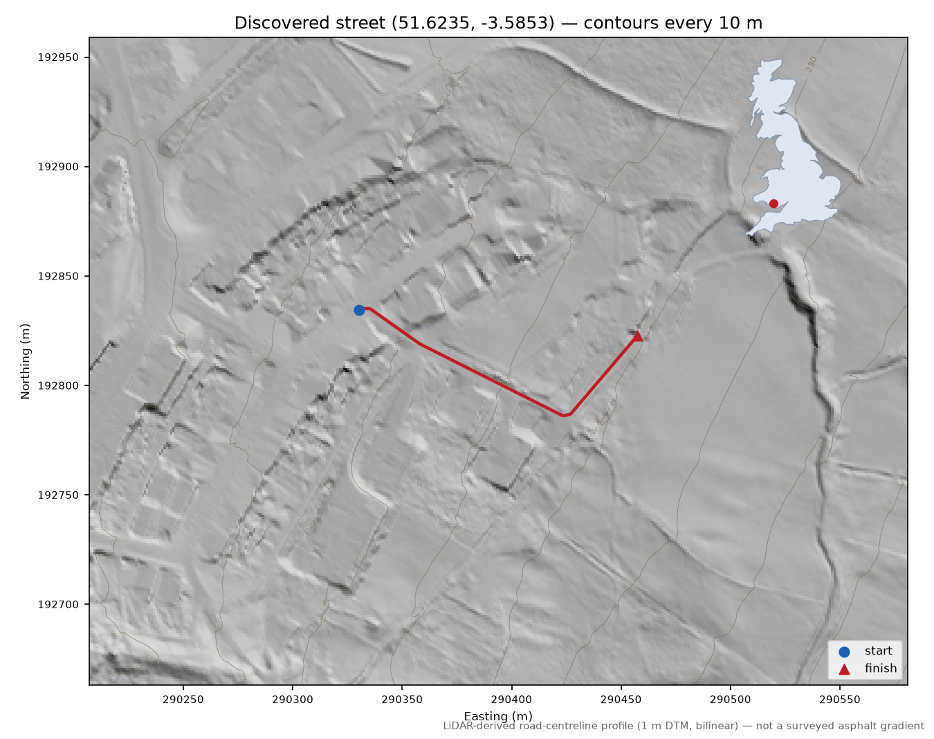 Lane near Blaengarw LiDAR hillshade map with contours