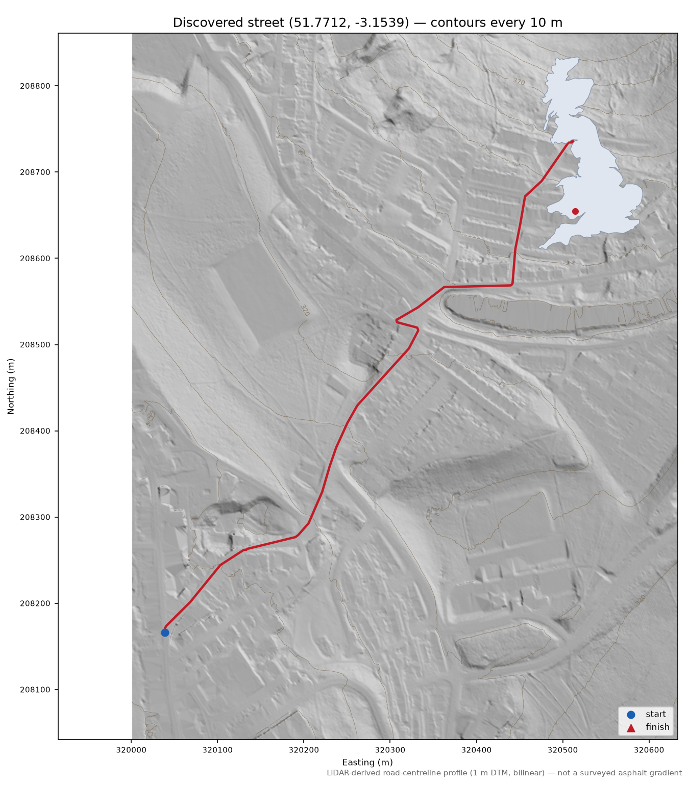 Y Blaenau to Cwmcelyn LiDAR hillshade map with contours