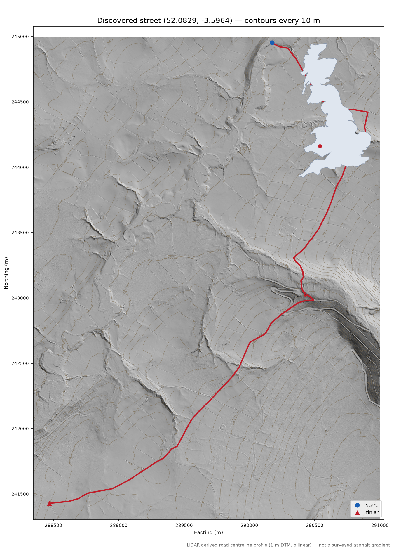 Cefngorwydd to Tirabad LiDAR hillshade map with contours