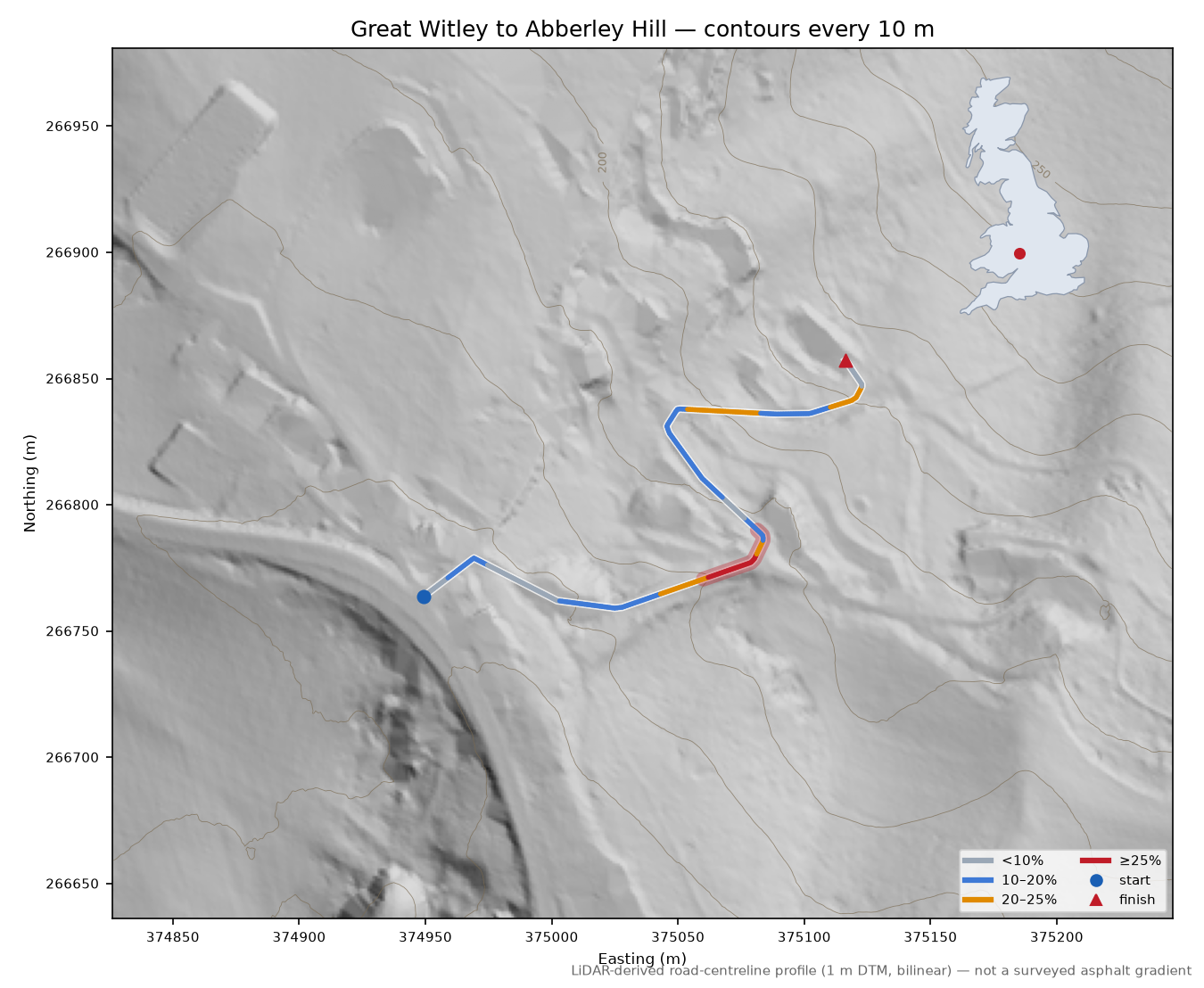 Great Witley to Abberley Hill LiDAR hillshade map with contours