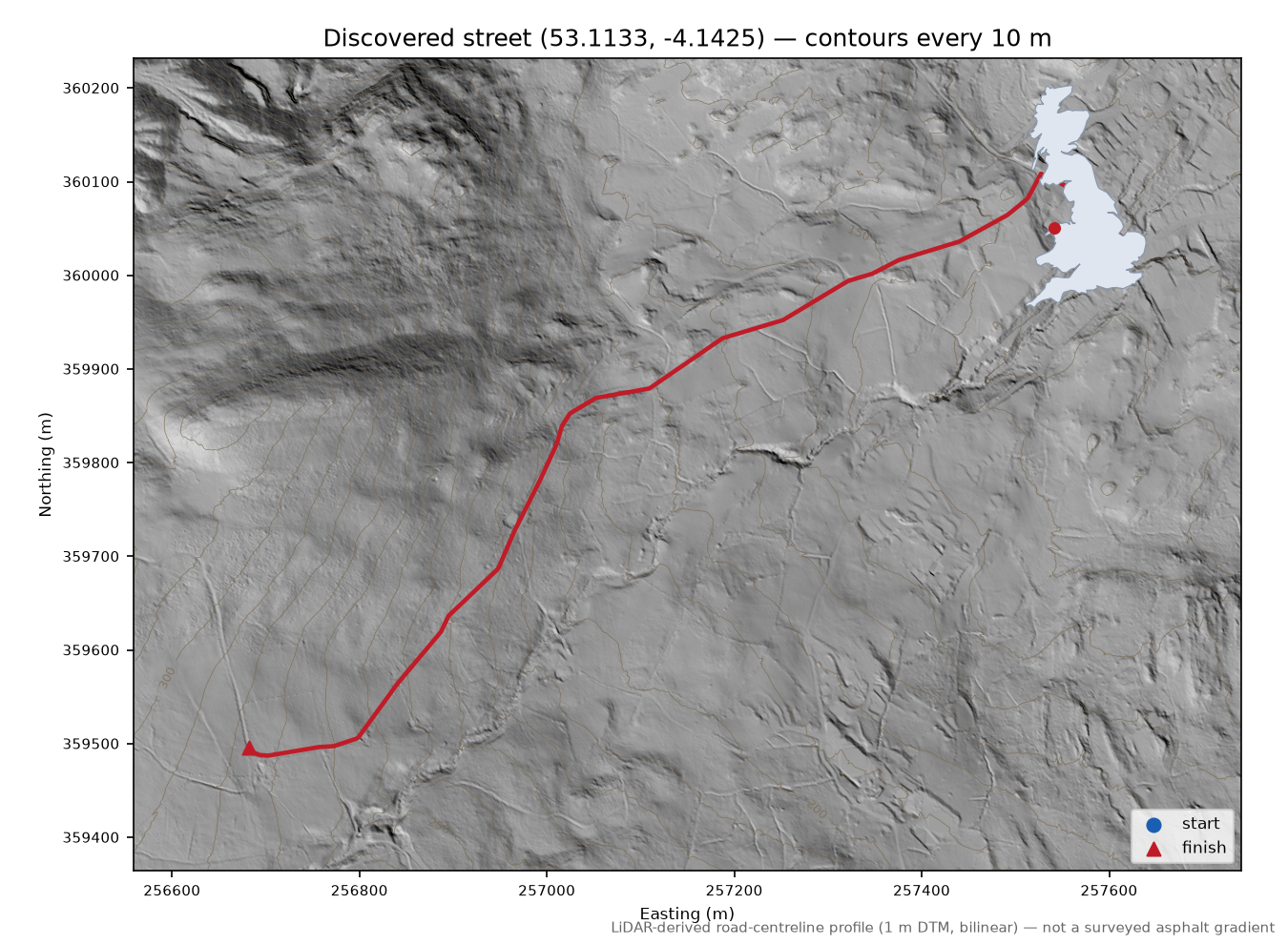 Llanberis to Dinas LiDAR hillshade map with contours