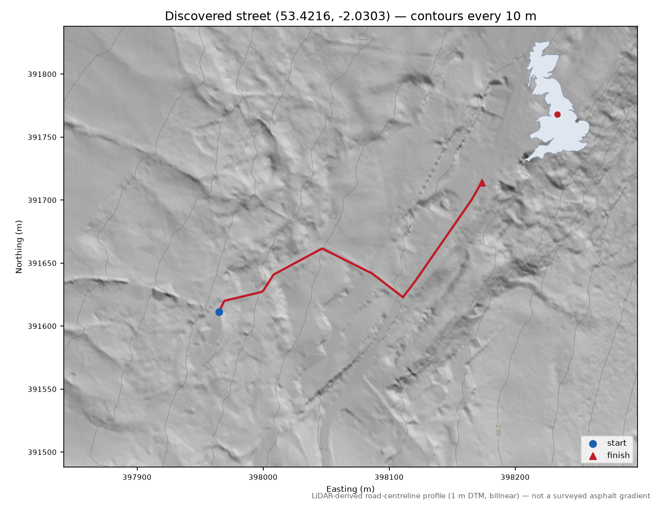 Mortin Clough to Chisworth LiDAR hillshade map with contours
