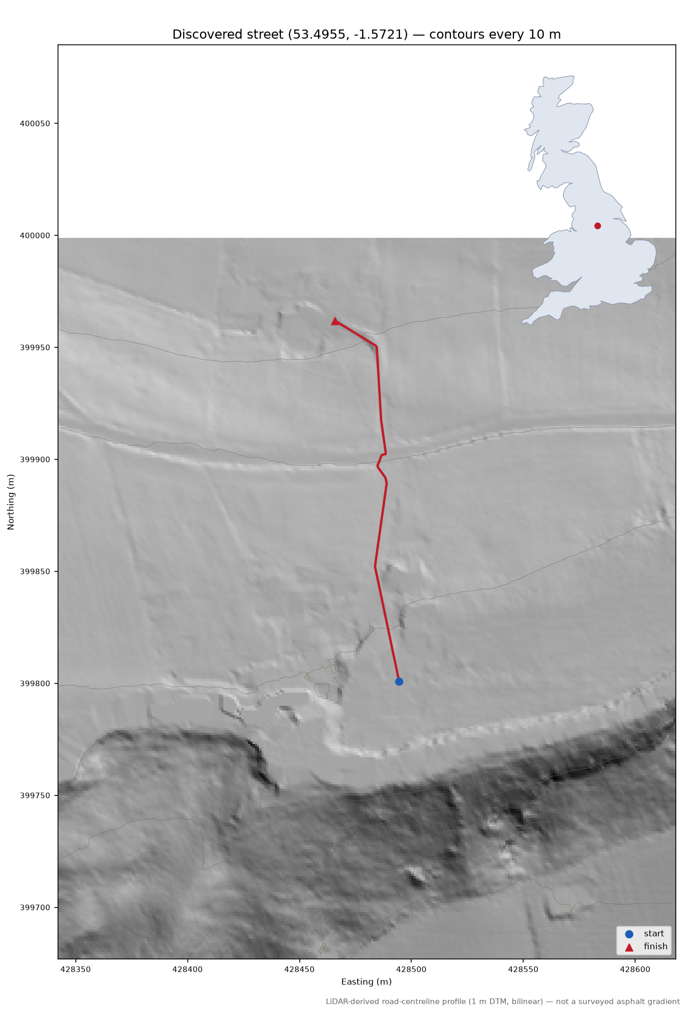 Lane near Green Moor LiDAR hillshade map with contours