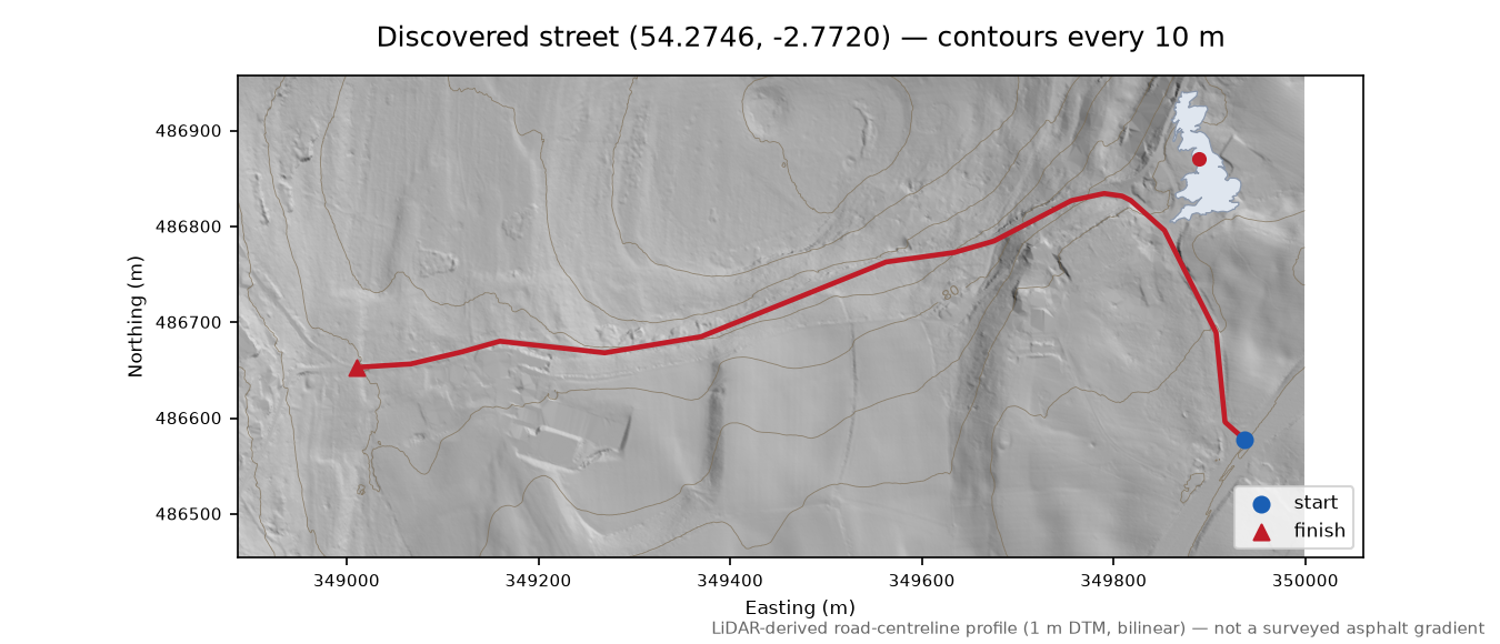 Archer's Hill to Levens LiDAR hillshade map with contours