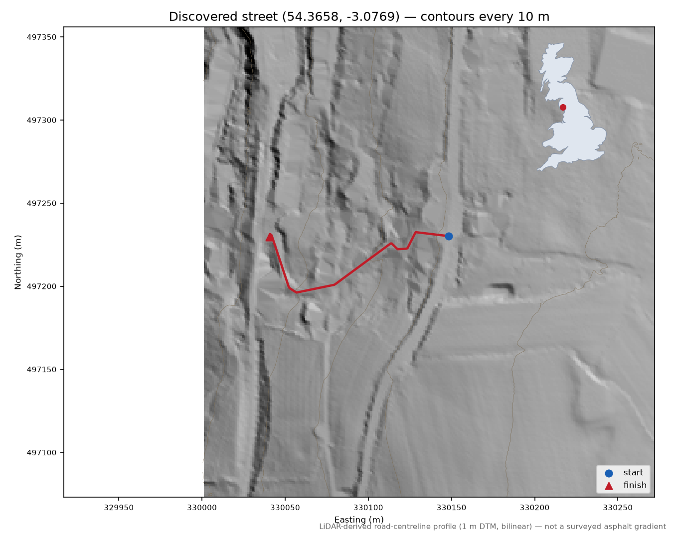 Lane near Coniston LiDAR hillshade map with contours