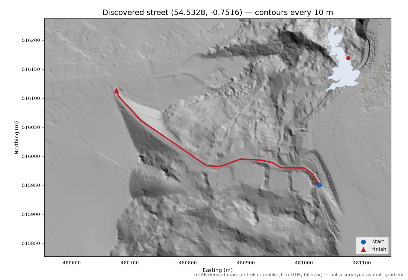 Dabdike Stones to Runswick Bay LiDAR hillshade map with contours