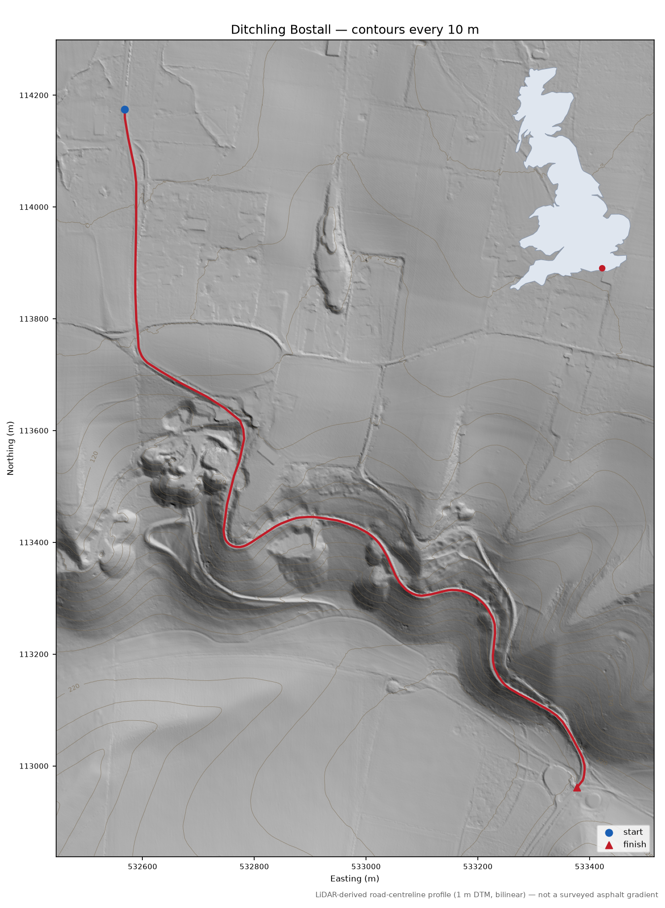 Ditchling Bostall LiDAR hillshade map with contours
