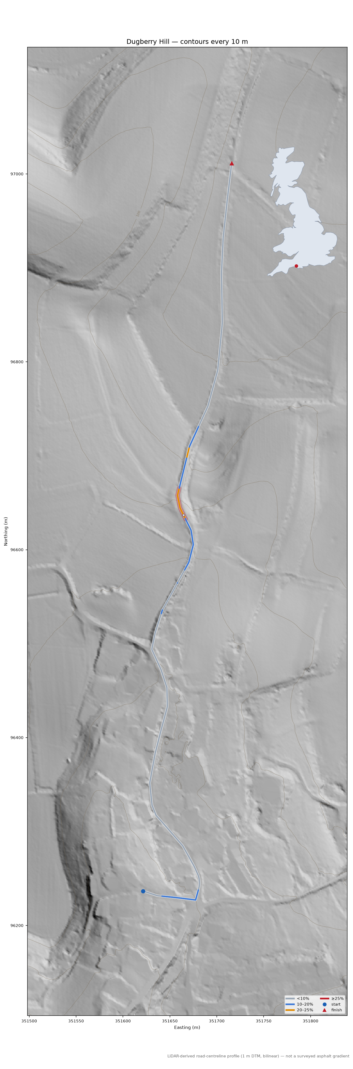 Dugberry Hill LiDAR hillshade map with contours