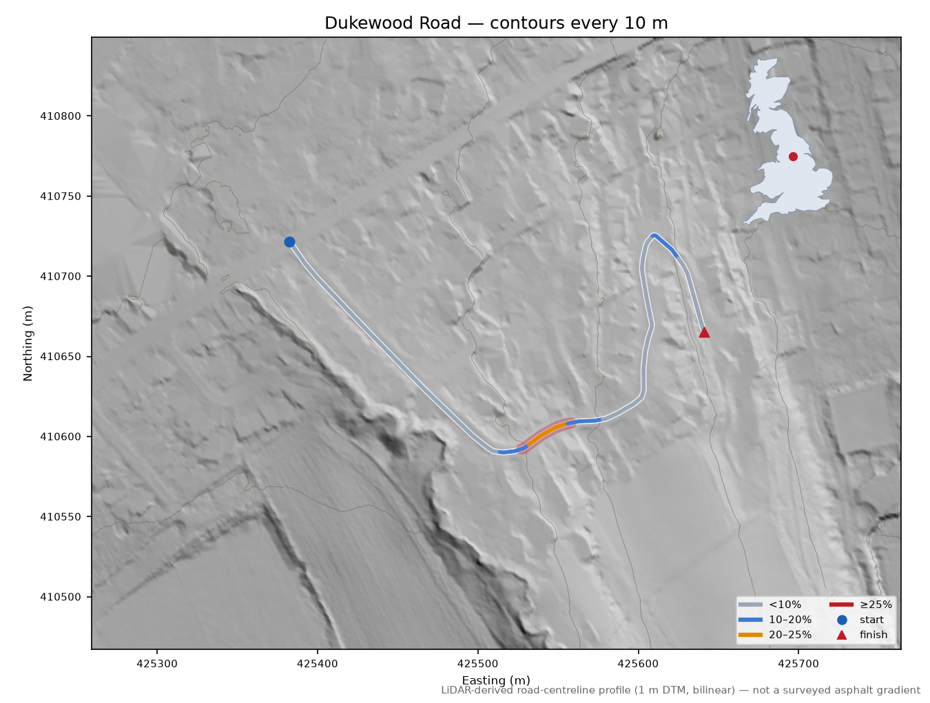 Dukewood Road LiDAR hillshade map with contours