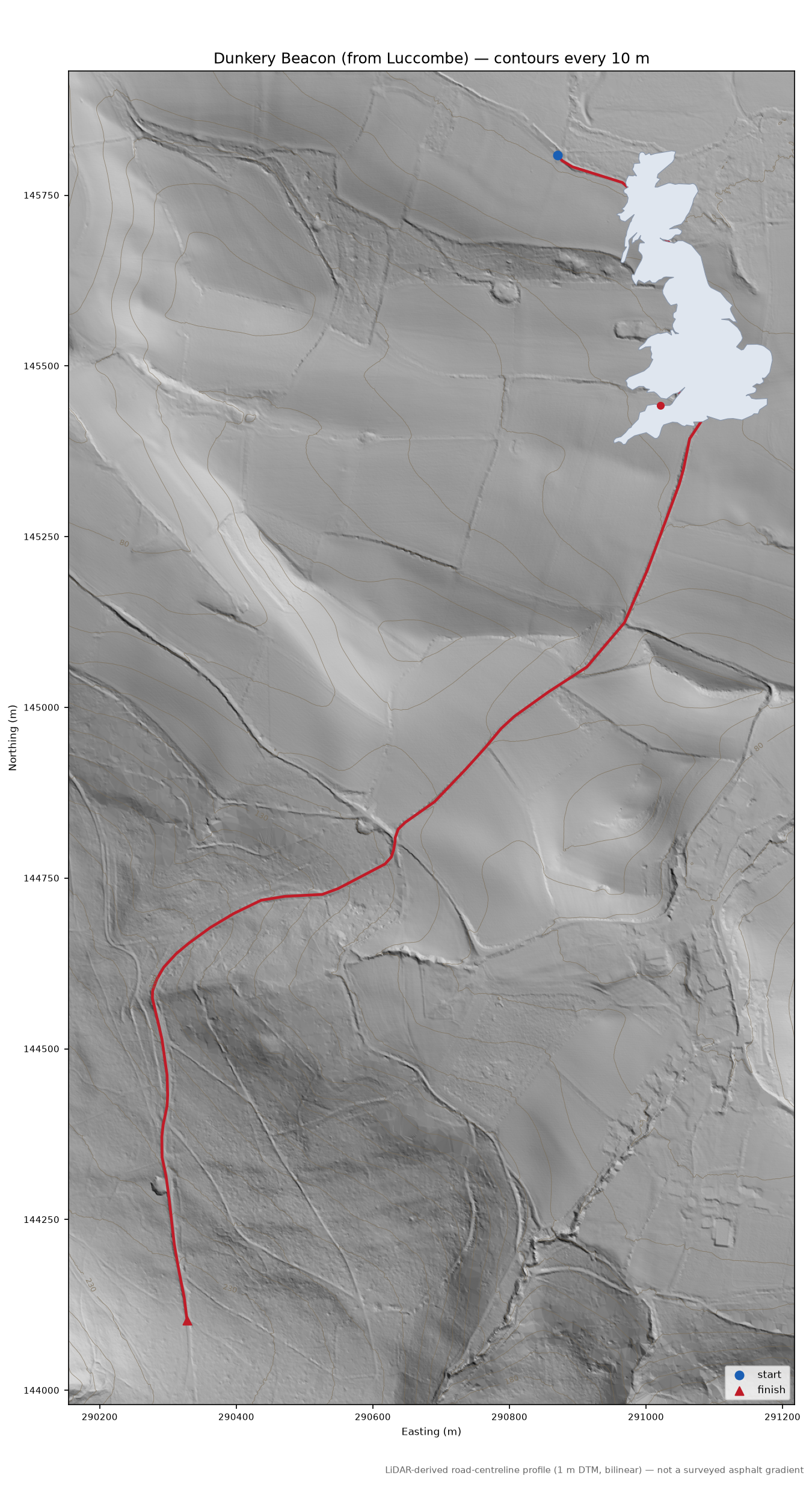 Dunkery Beacon (from Luccombe) LiDAR hillshade map with contours