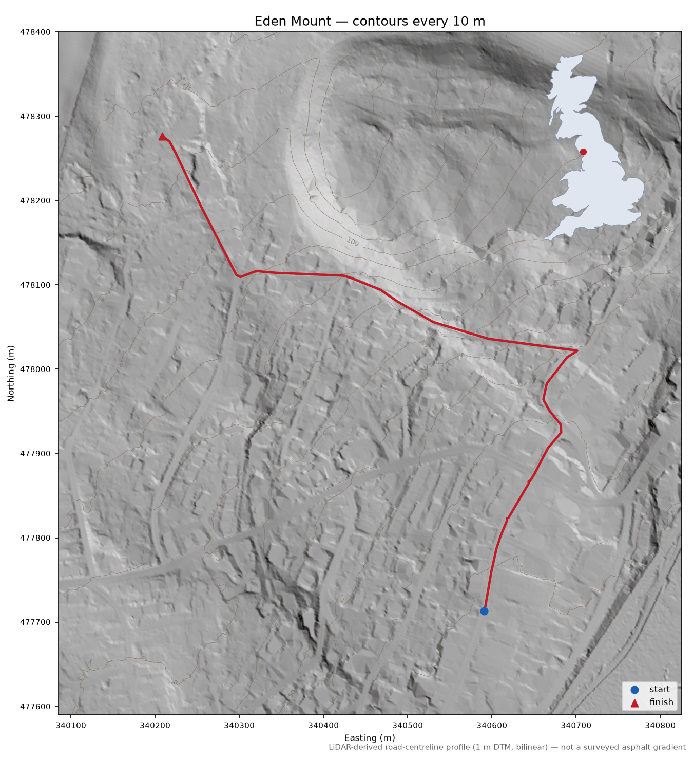 Eden Mount LiDAR hillshade map with contours